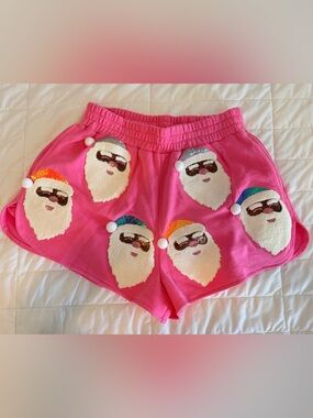 QUEEN OF SPARKLES Hot Pink Sequin Santa Pom Pom Shorts